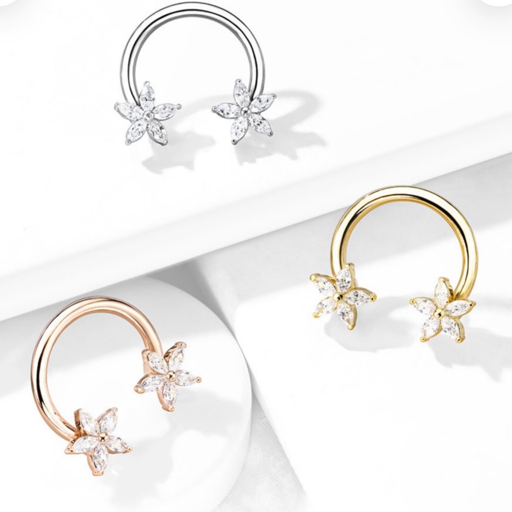 !Pair 14G Gold CZ Flower Circular Barbells/Horseshoe!!